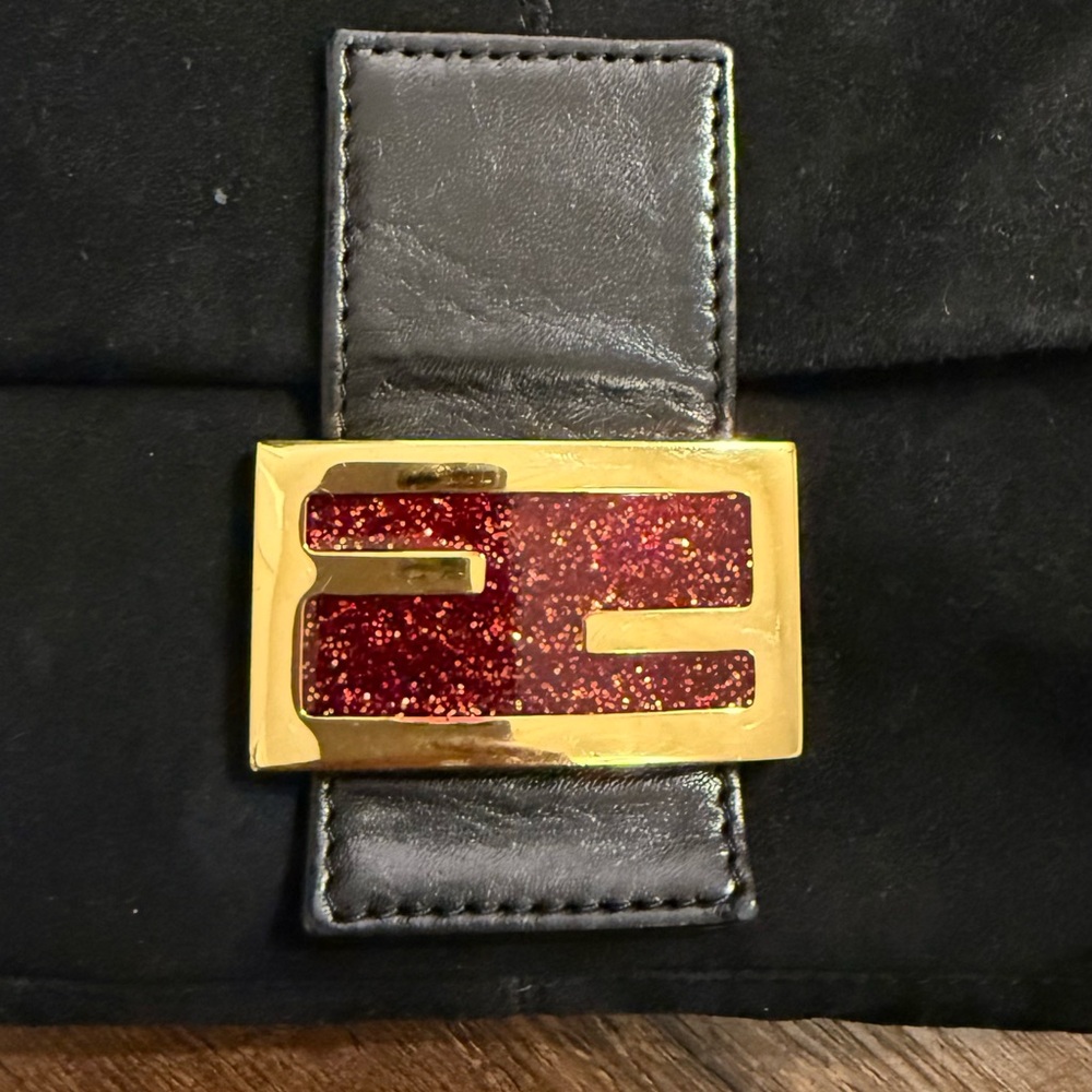 Fendi Black Suede Shoulder Bag with Gold & Red Logo Plaque - Picture 3 of 10